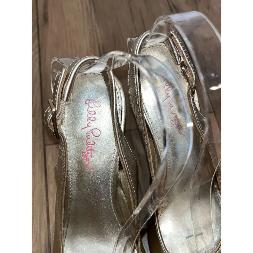 Lilly Pulitzer  Vintage Gold Peep Toe Slingback Wedge Leather Women's Heels Size